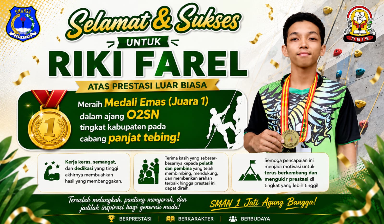 Riki Farel Raih Medali Emas Panjat Tebing O2SN Lampung Selatan